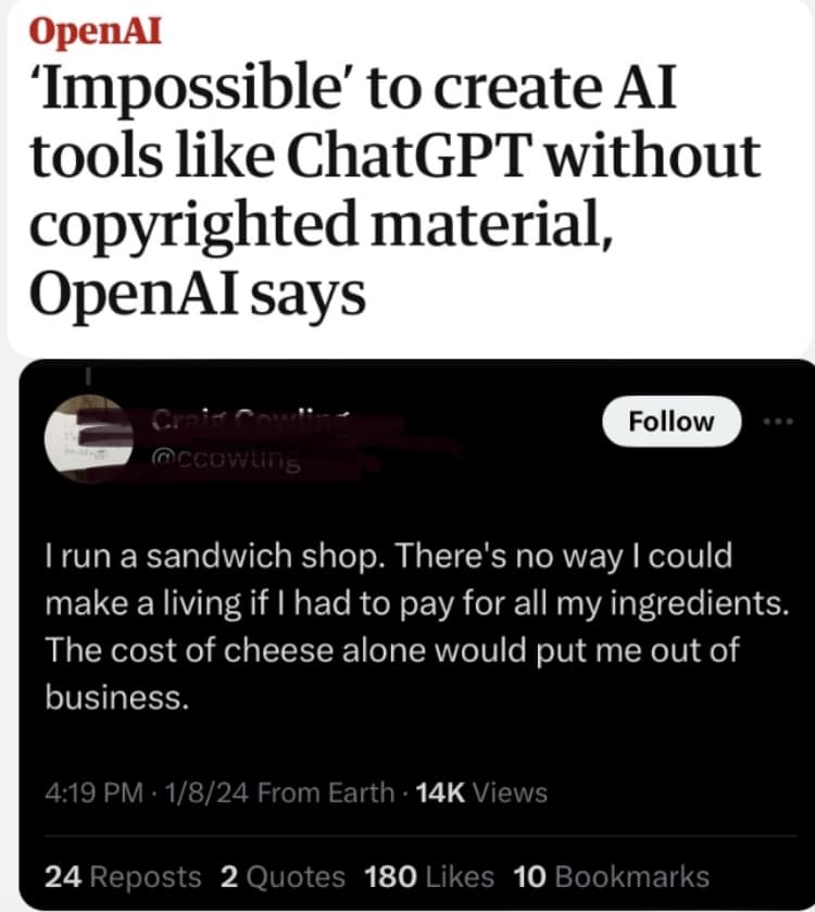 The meme is a humorous take on the limitations of AI. The image shows a tweet from a fictional person who claims to have opened a sandwich shop, but only has a single item on the menu: a sandwich with cheese. The person jokes that the cost of cheese alone would put them out of business, implying that their business model is flawed.
